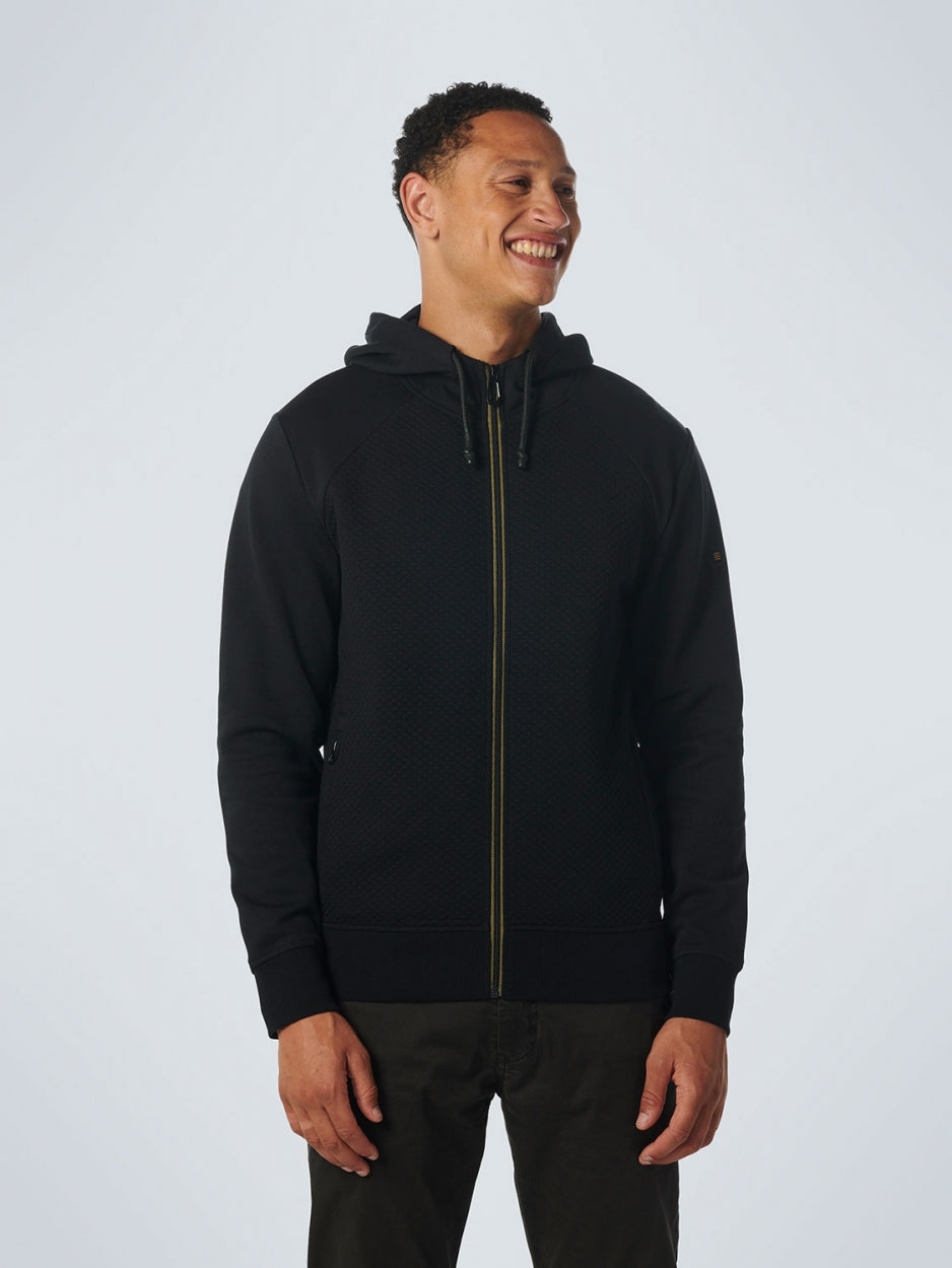 Sweater Hooded Full Zipper Double Layer Jacquard Stretch | Black
