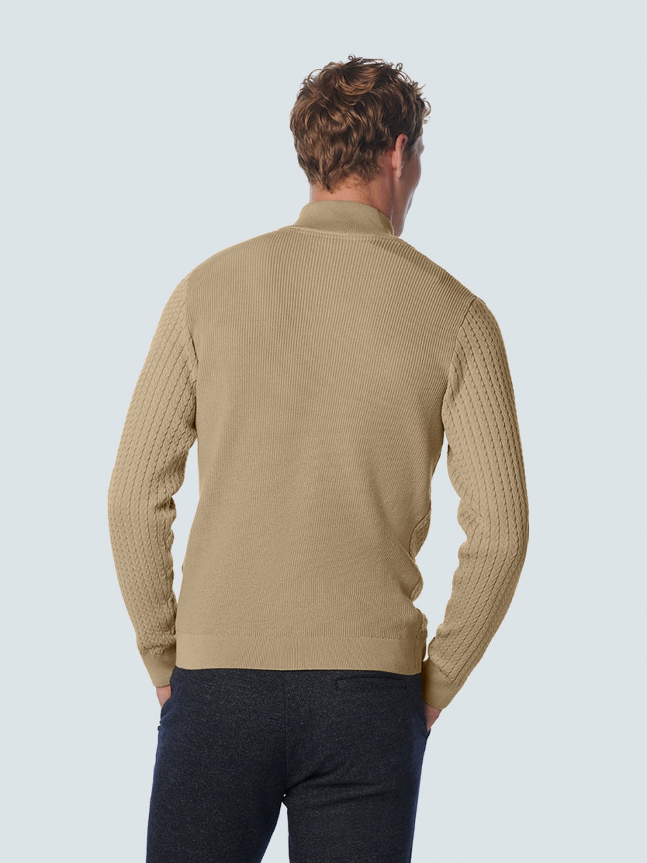 Pullover Half Zipper + Button Solid Jacquard Rib | Stone
