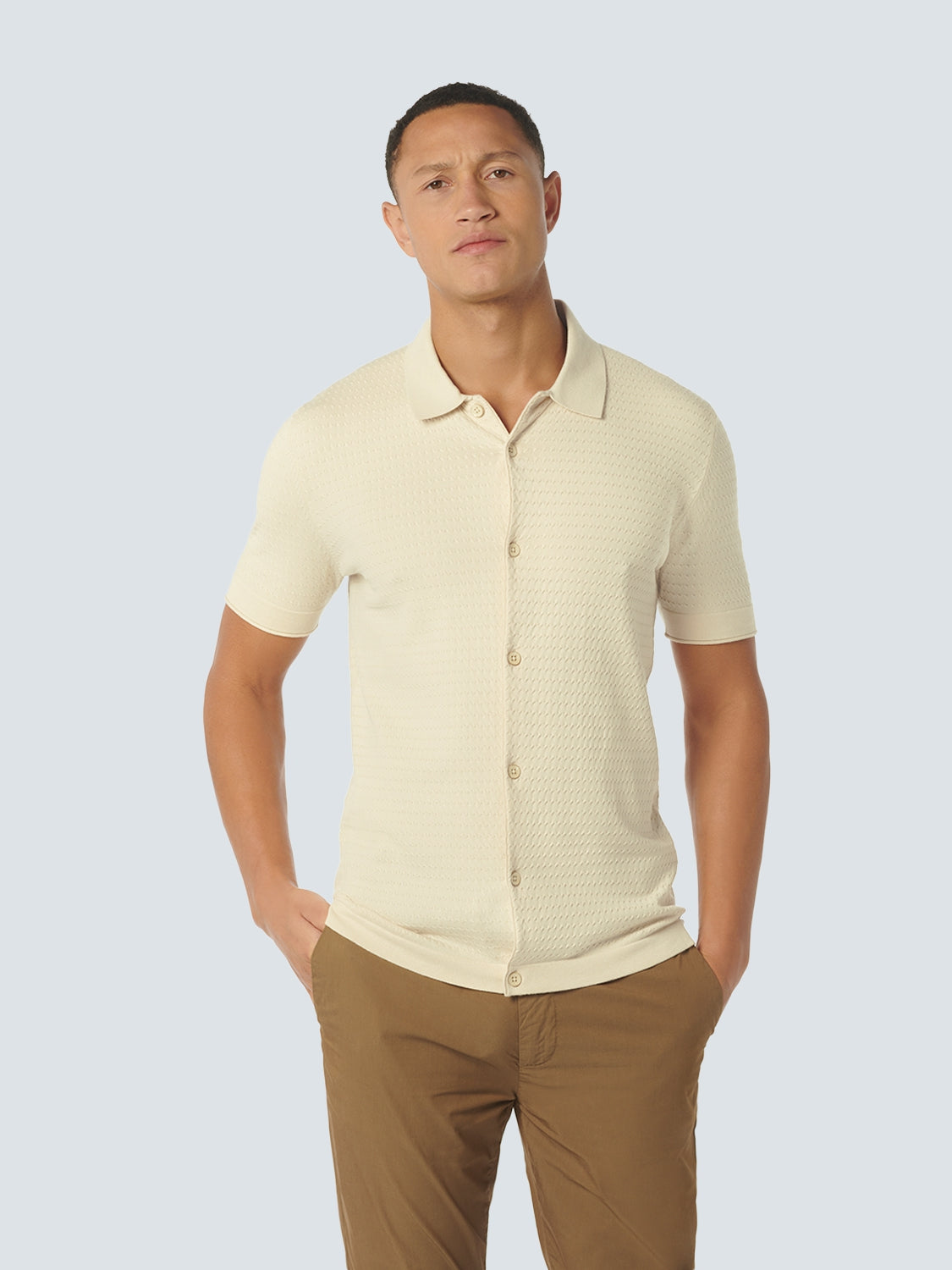 Pullover Short Sleeve Full Button Mix Jacquard Solid | Cream