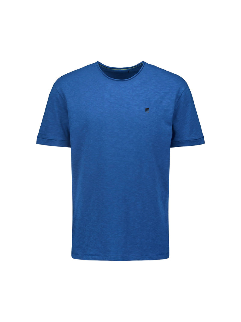Round Neck T-Shirt with Rolled Sleeve Cuffs and Subtle Logo Print | Cobalt