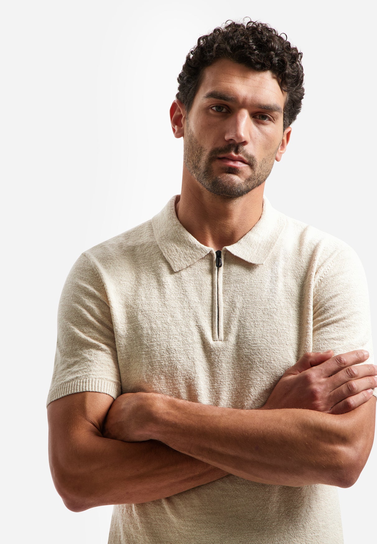 Knitted polo shirt with zip | Desert