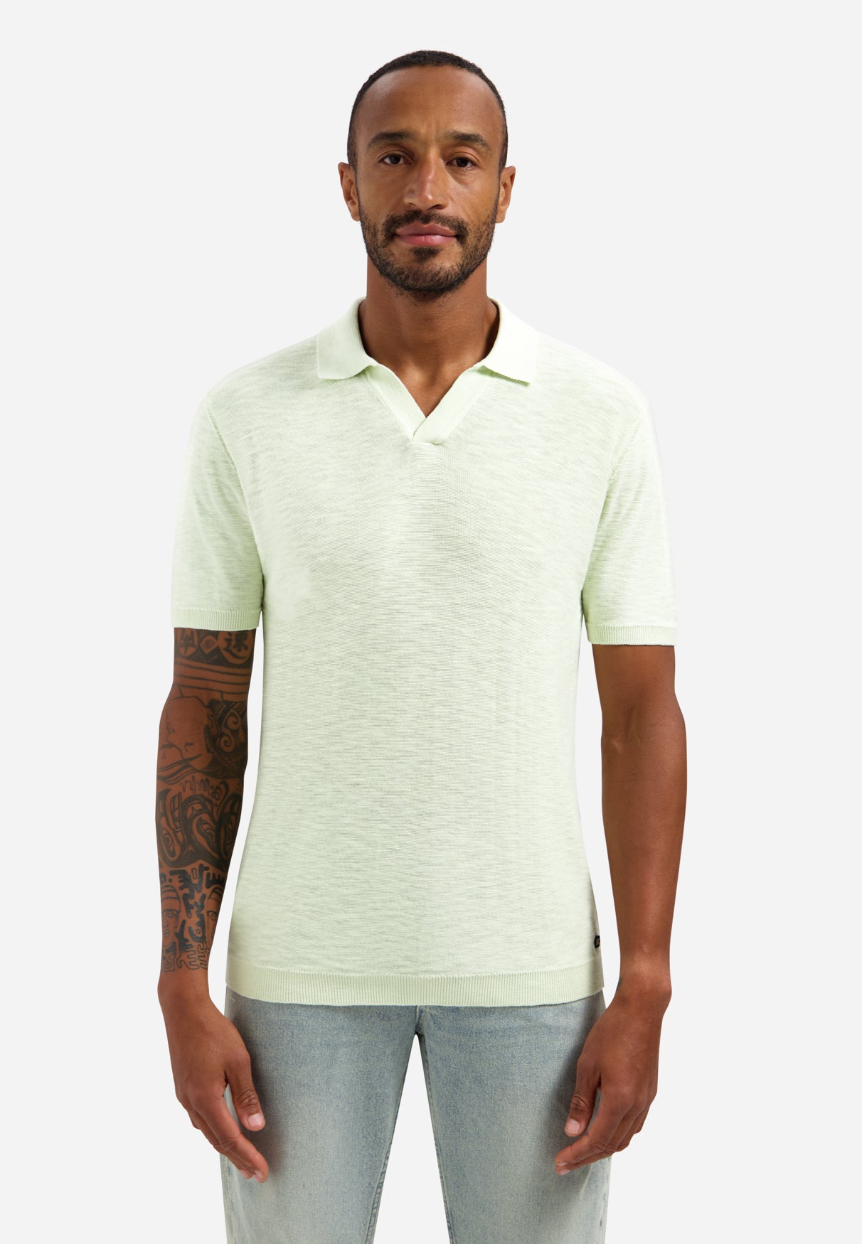 Knitted V-neck polo shirt | Seagreen