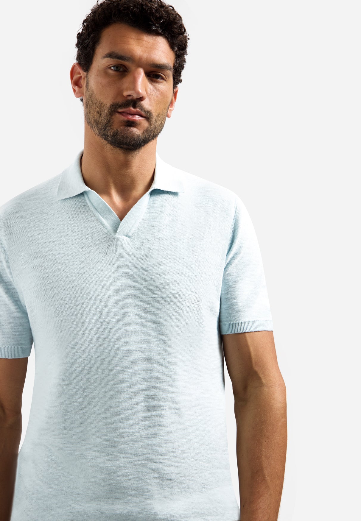 Knitted V-neck polo shirt | Sky