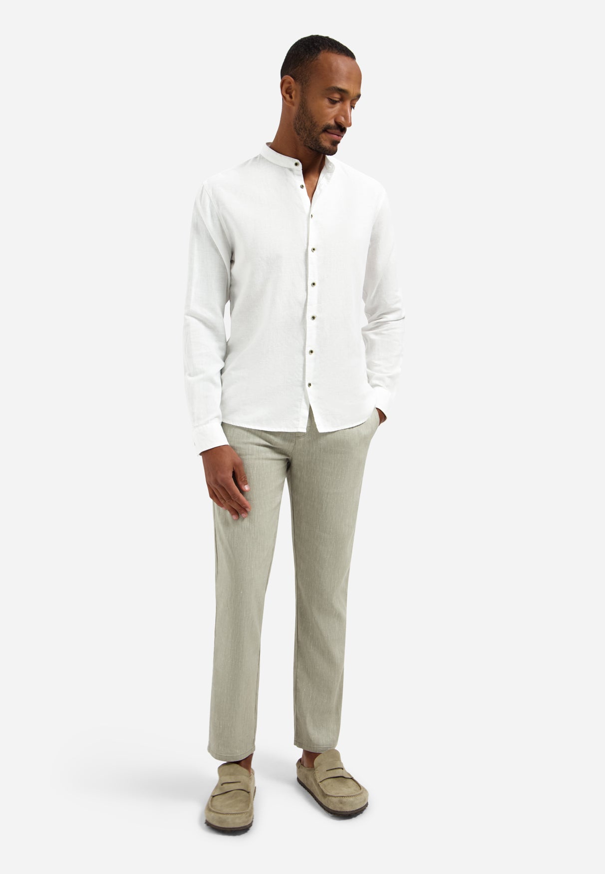 Linen-blend shirt with a stand-up collar | White