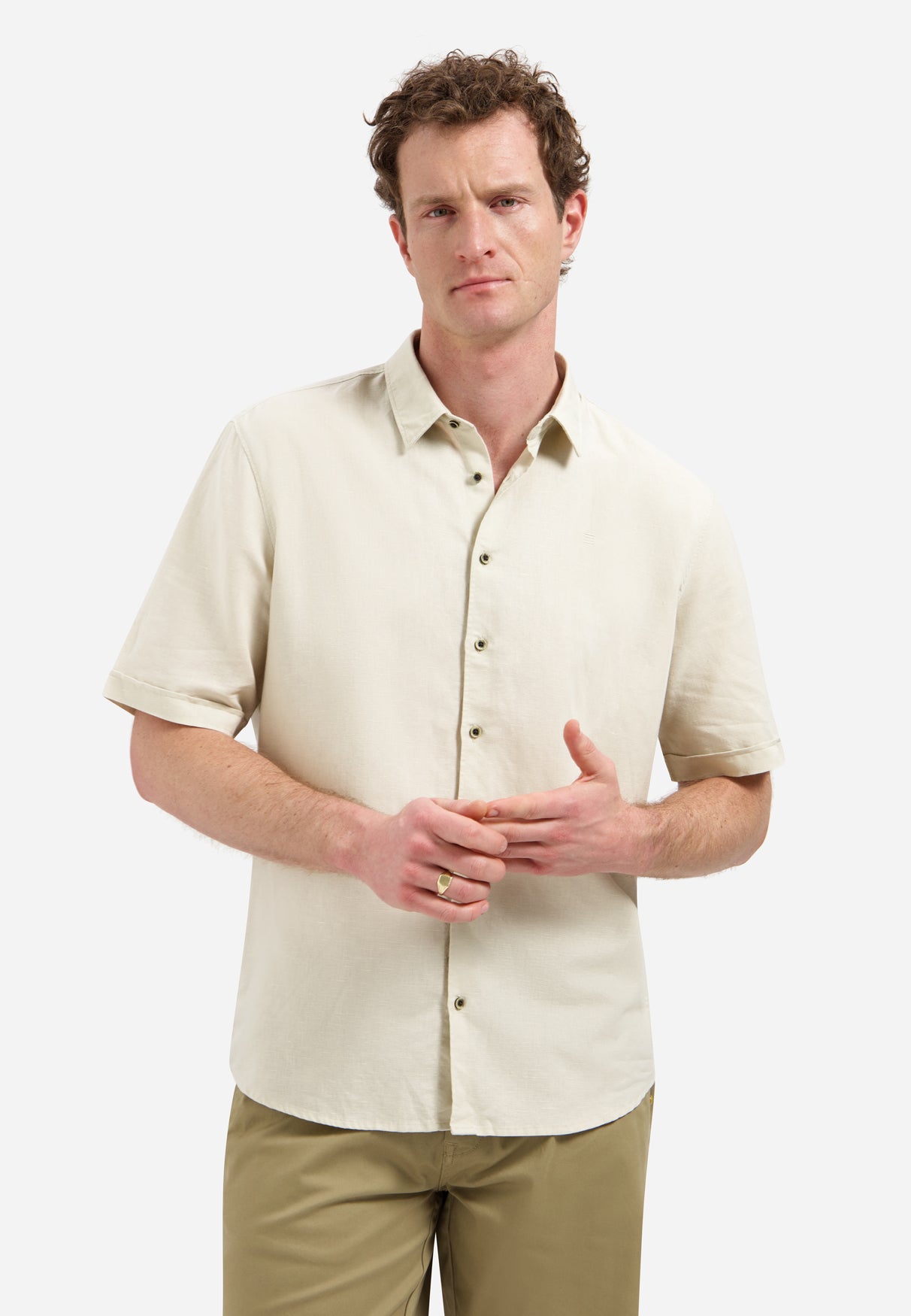 Short-sleeved linen blend shirt | Desert
