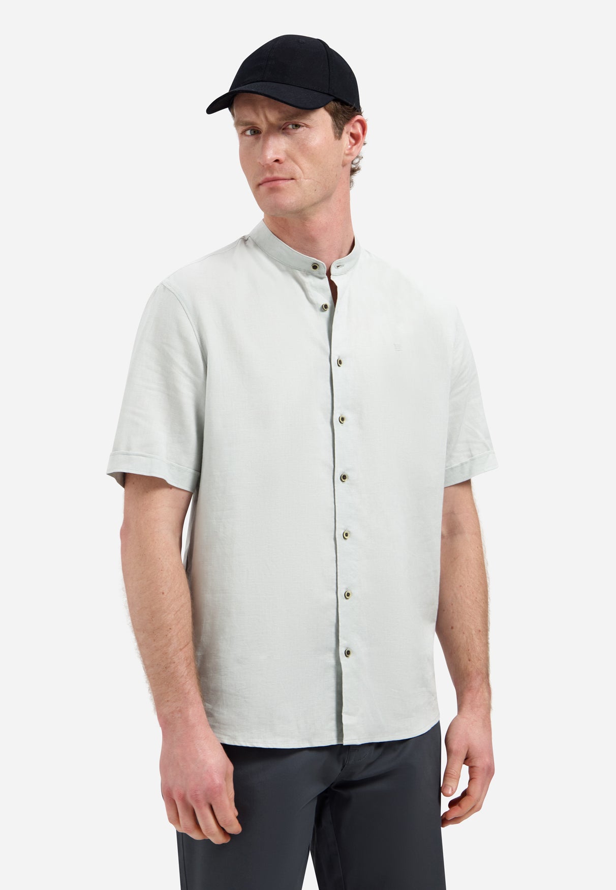 Linen blend shirt with short sleeves and a stand-up collar | Dusty Gre
