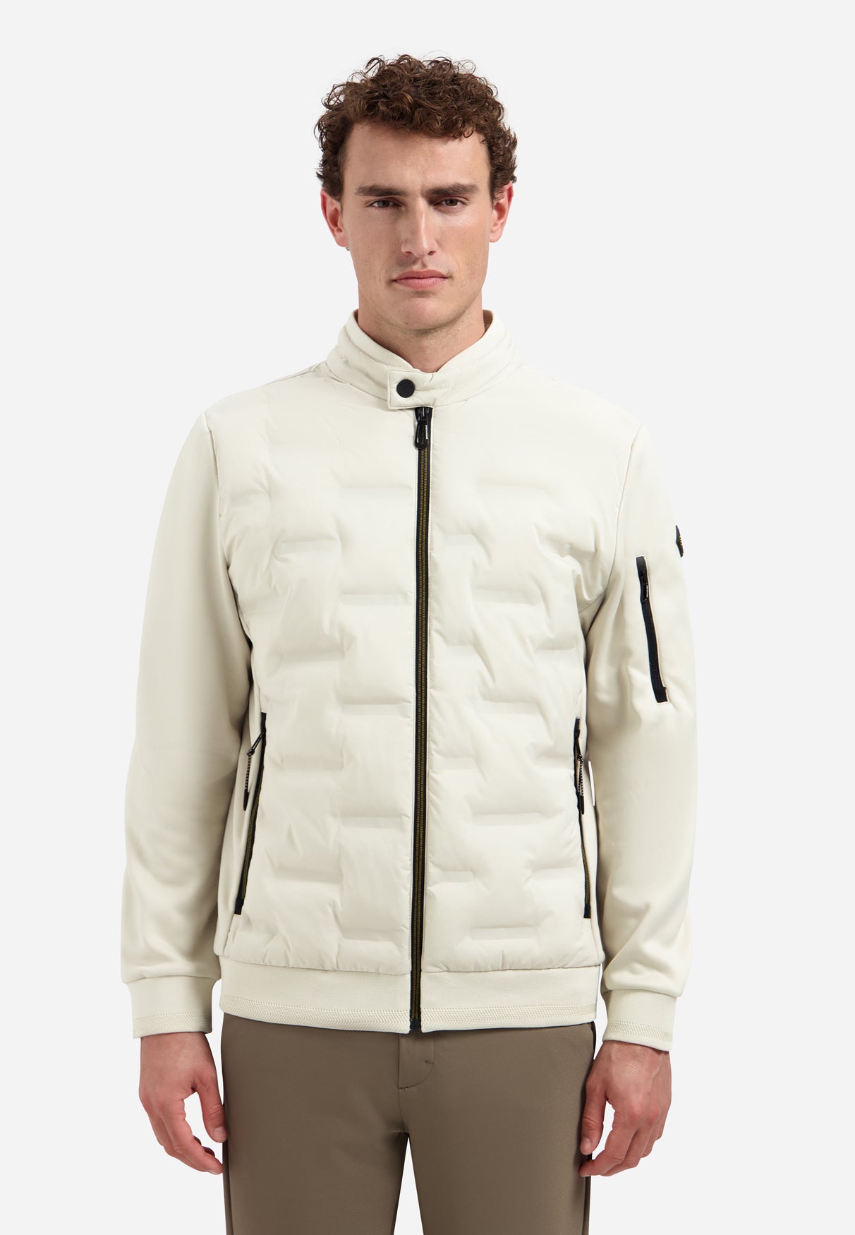 Short padded jacket with knit details | Stone