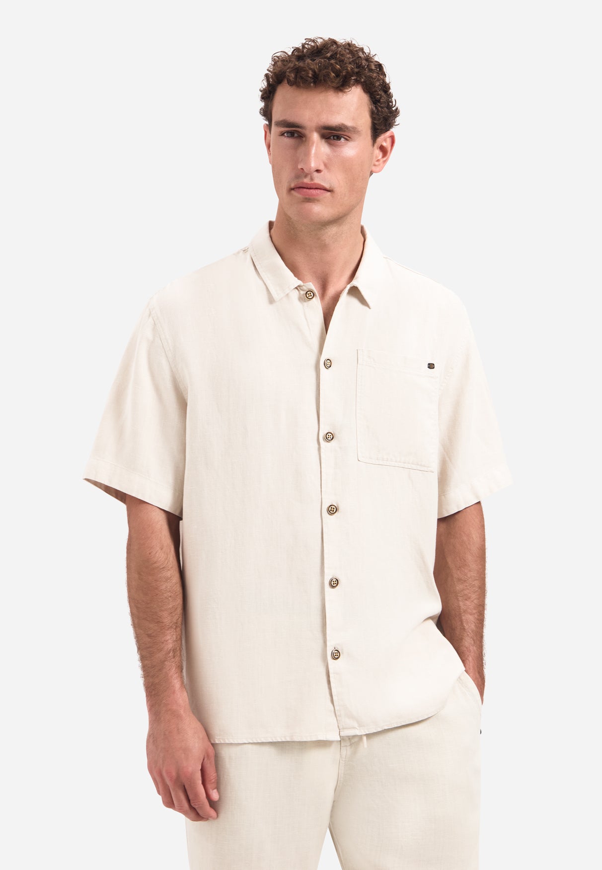 Short-sleeve linnen blend shirt | Stone