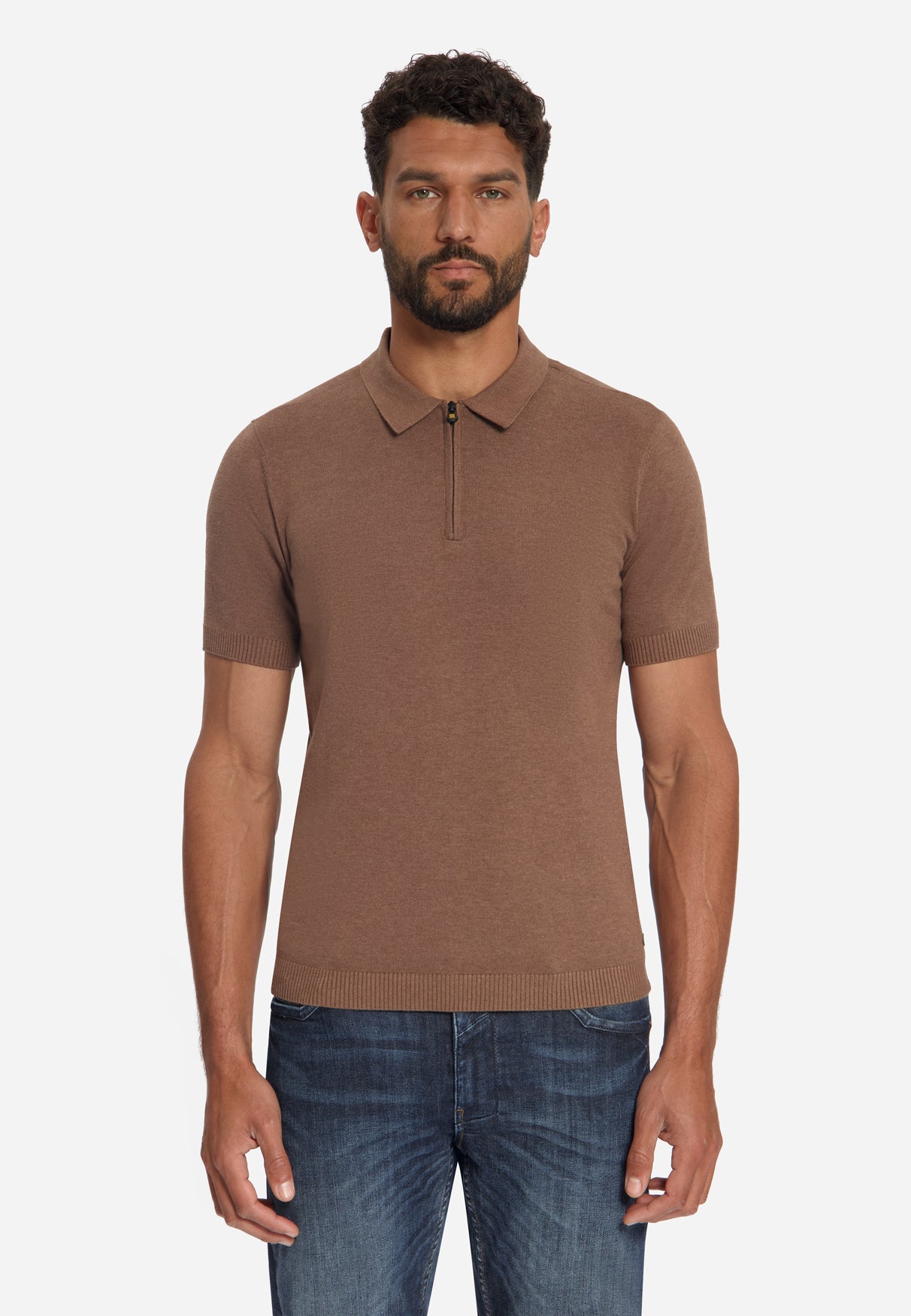 Fine Knit Zip Polo | Light Brown