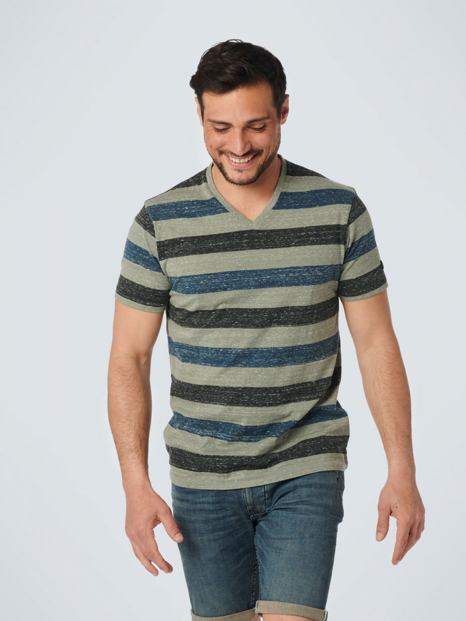 T-Shirt V-Neck Melange Stripes | Light Army