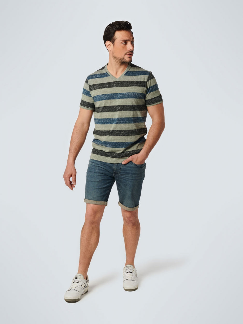 T-Shirt V-Neck Melange Stripes | Light Army