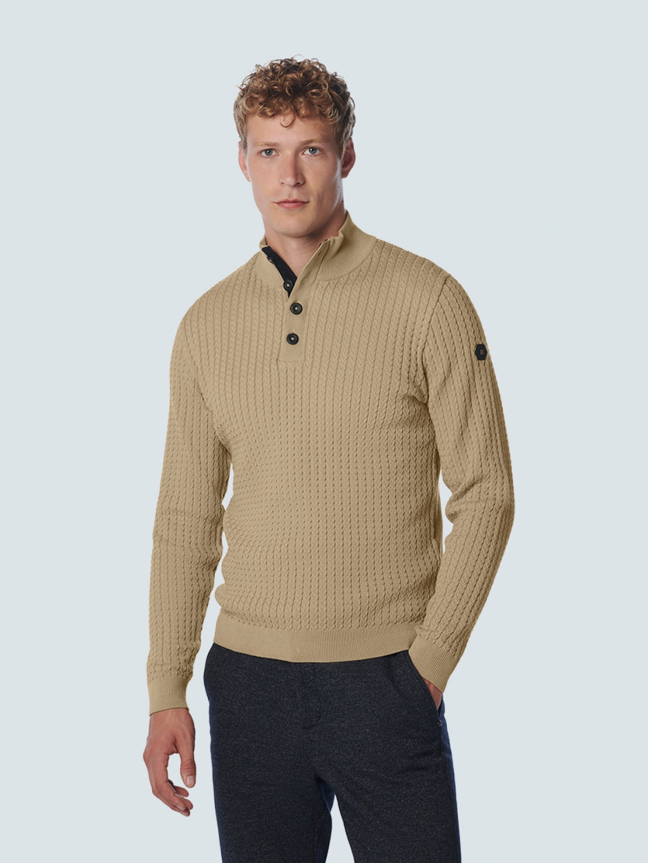 Pullover Half Zipper + Button Solid Jacquard Rib | Stone