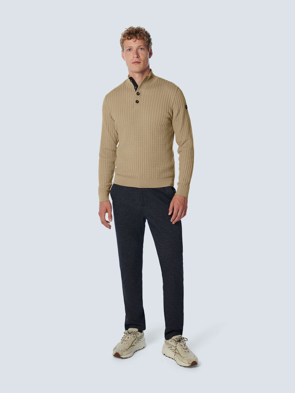 Pullover Half Zipper + Button Solid Jacquard Rib | Stone