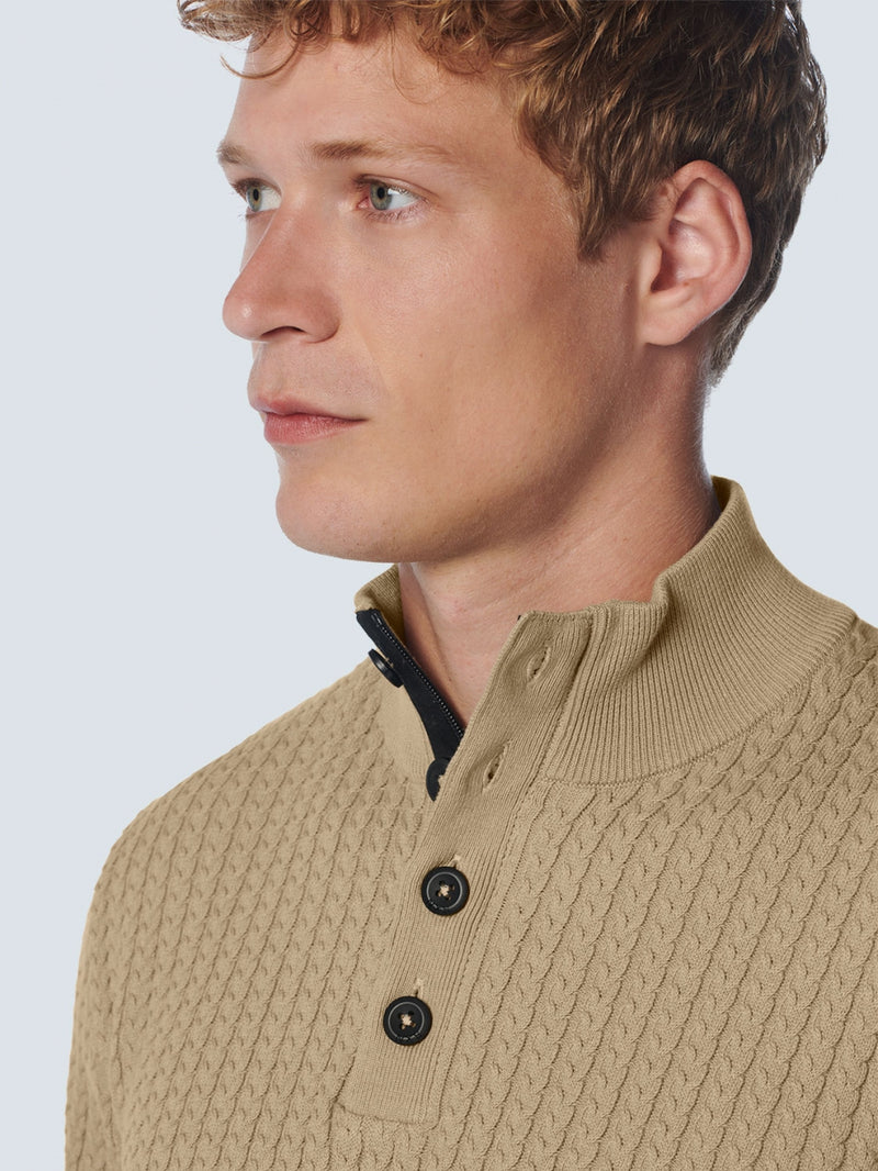 Pullover Half Zipper + Button Solid Jacquard Rib | Stone