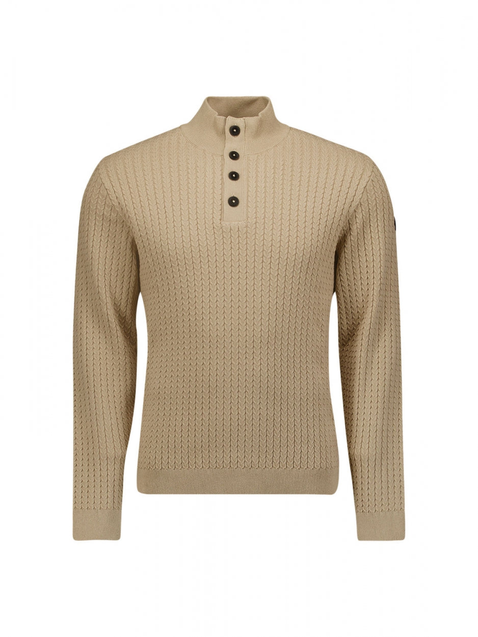 Pullover Half Zipper + Button Solid Jacquard Rib | Stone