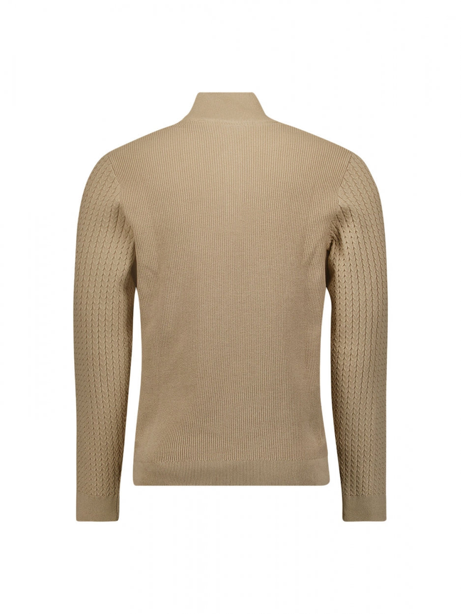 Pullover Half Zipper + Button Solid Jacquard Rib | Stone