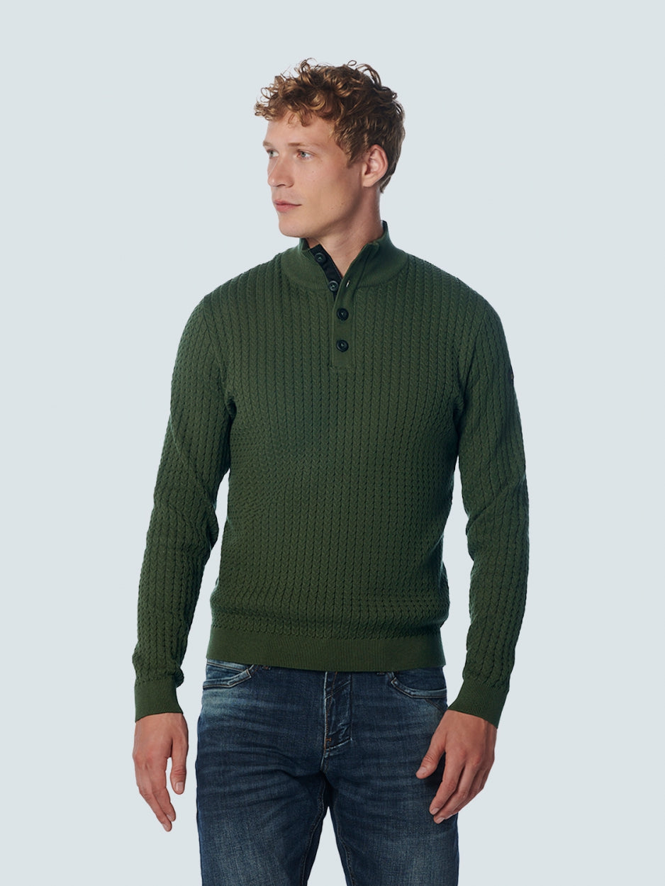 Pullover Half Zipper + Button Solid Jacquard Rib | Dark Green