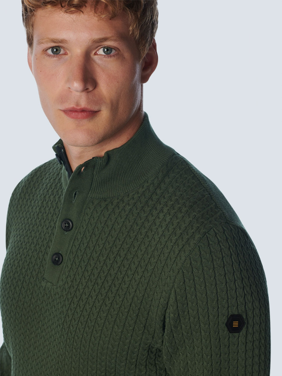 Pullover Half Zipper + Button Solid Jacquard Rib | Dark Green