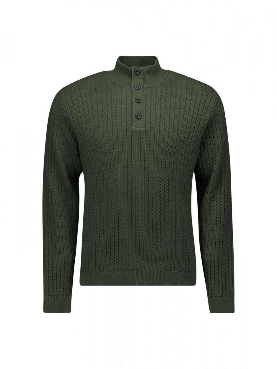 Pullover Half Zipper + Button Solid Jacquard Rib | Dark Green