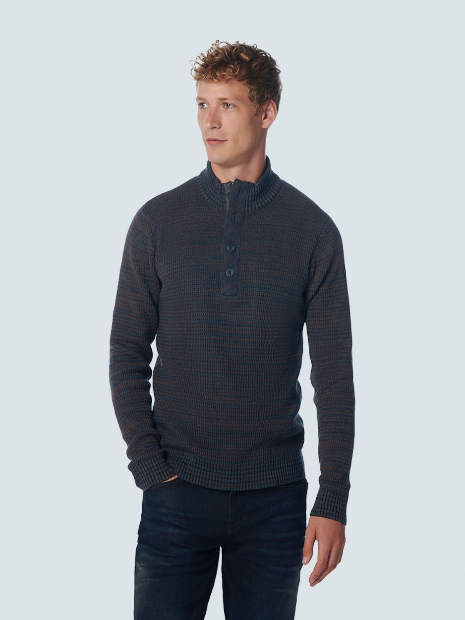 Pullover Half Zipper + Button Multi Coloured Jacquard | Ocean
