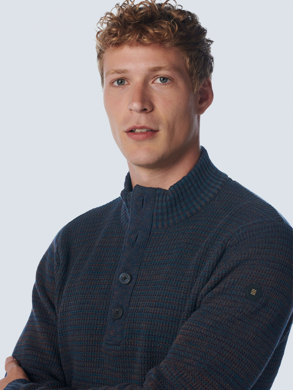 Pullover Half Zipper + Button Multi Coloured Jacquard | Ocean