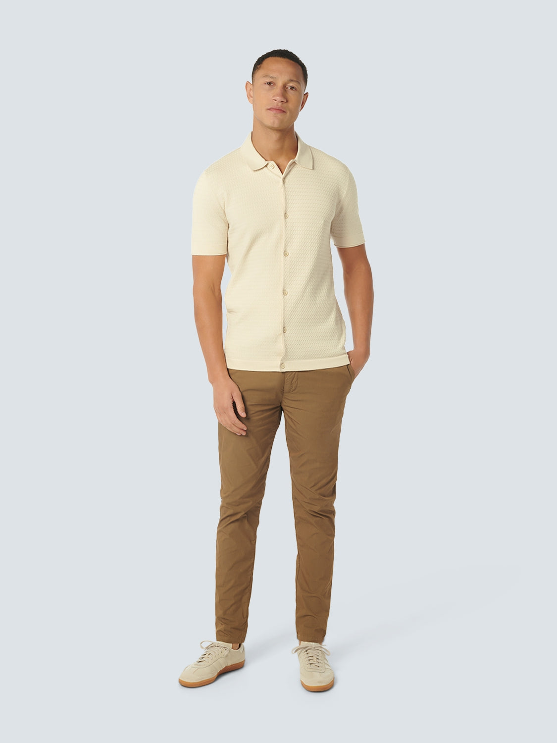 Pullover Short Sleeve Full Button Mix Jacquard Solid | Cream