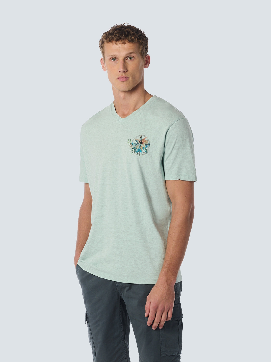 T-Shirt V-Neck Melange Garment Dyed Placed Print | Mint