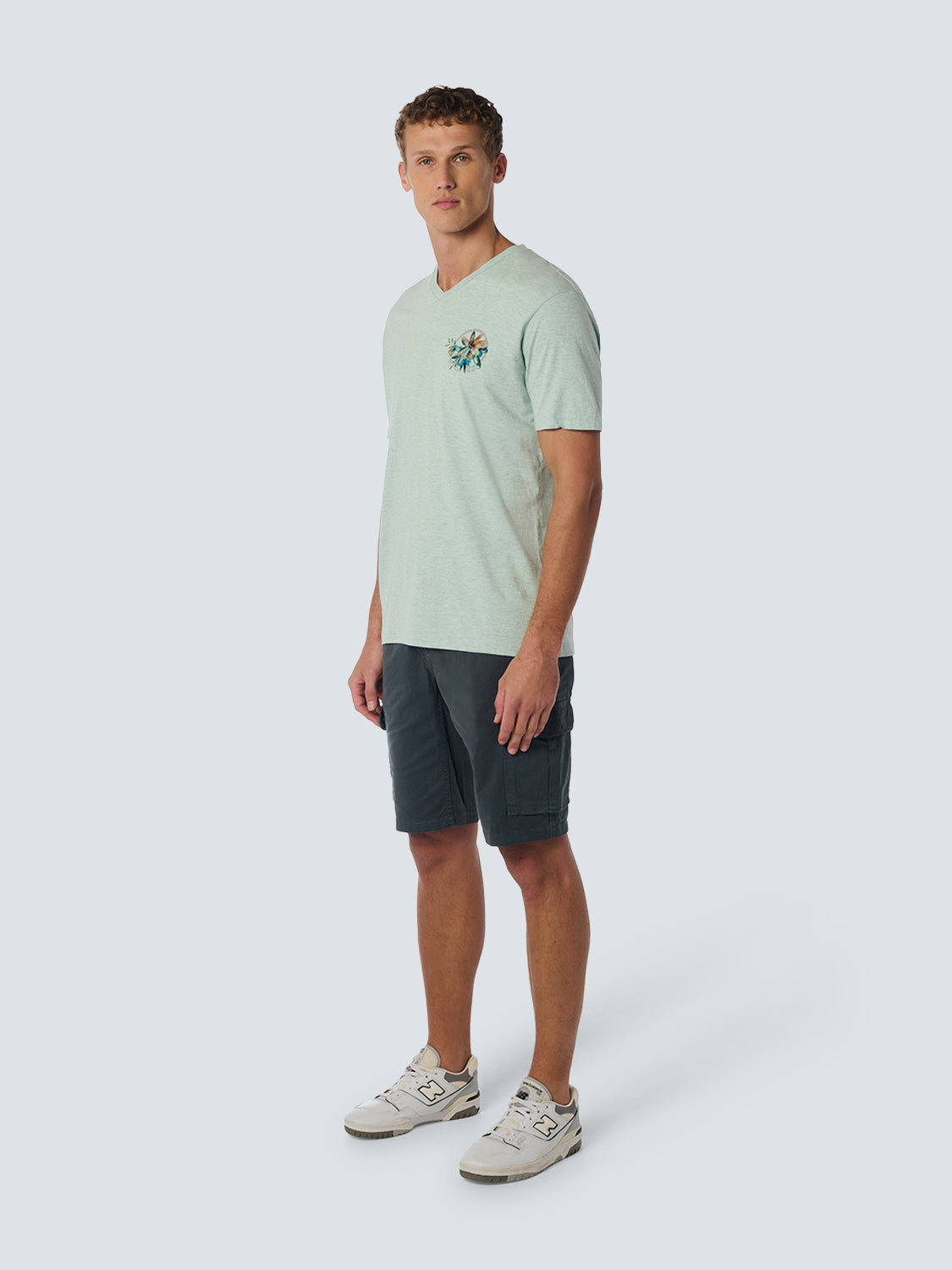 T-Shirt V-Neck Melange Garment Dyed Placed Print | Mint