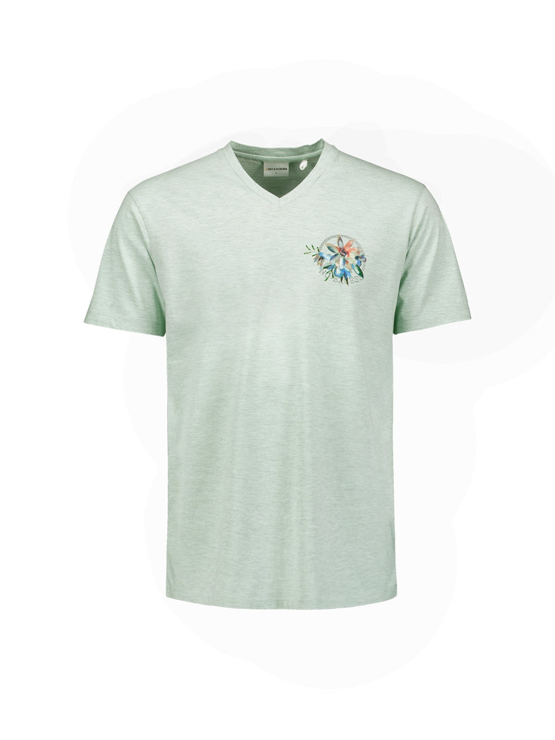 T-Shirt V-Neck Melange Garment Dyed Placed Print | Mint