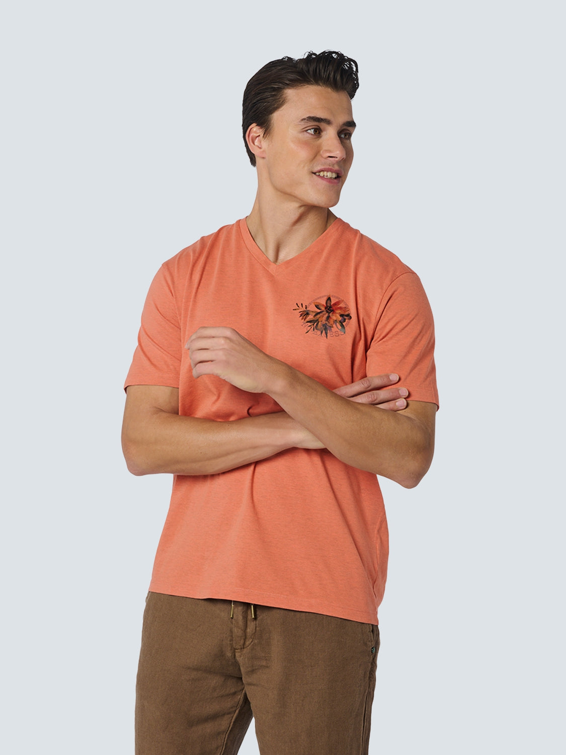T-Shirt V-Neck Melange Garment Dyed Placed Print | Melon