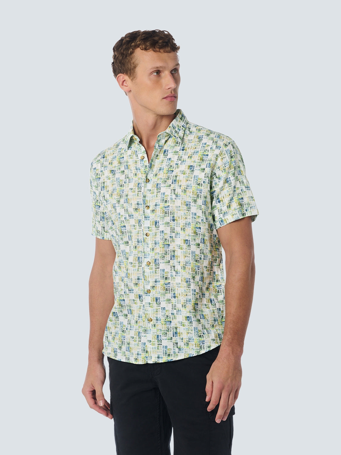 Shirt Short Sleeve Allover Printed With Linen | Aqua