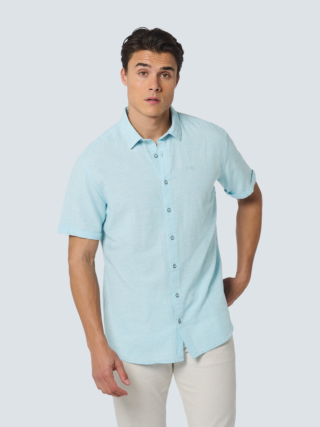 Shirt Short Sleeve 2 Coloured Melange With Linen | Aqua