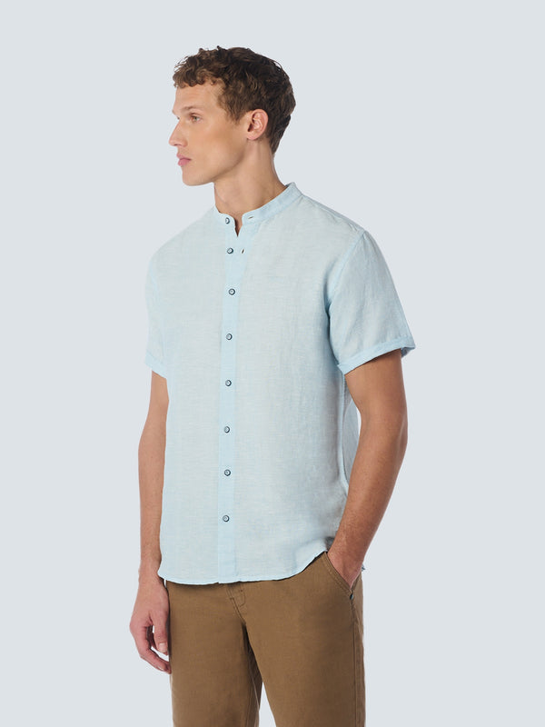 Shirt Short Sleeve Granddad 2 Coloured Melange With Linen | Aqua