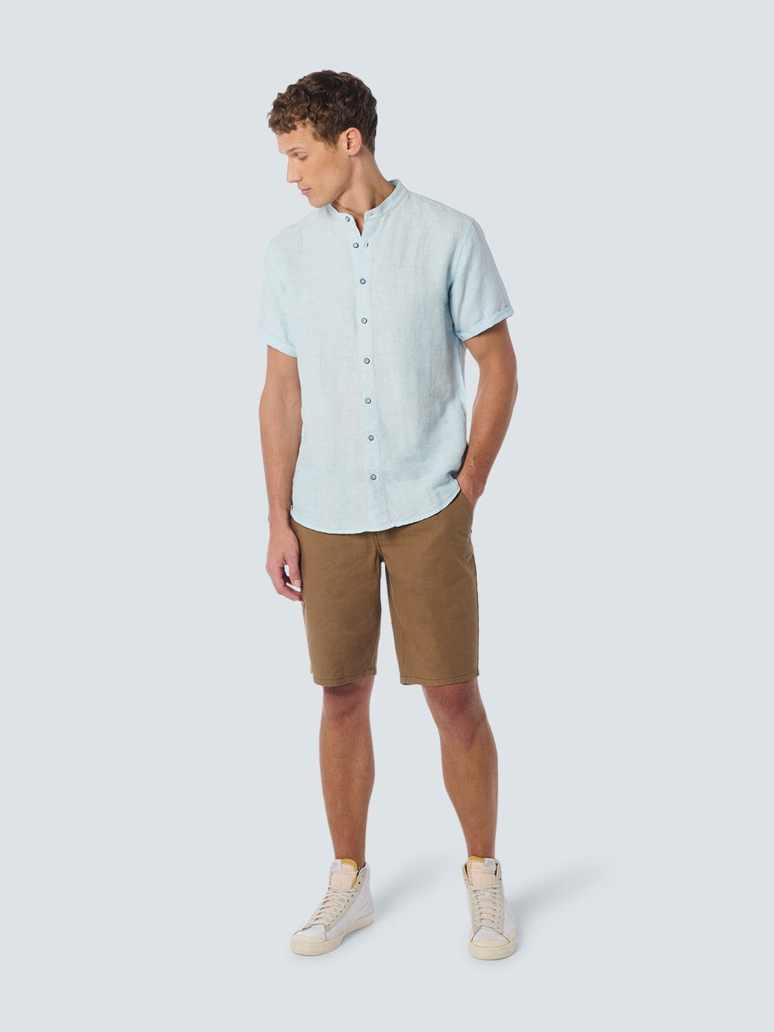 Shirt Short Sleeve Granddad 2 Coloured Melange With Linen | Aqua