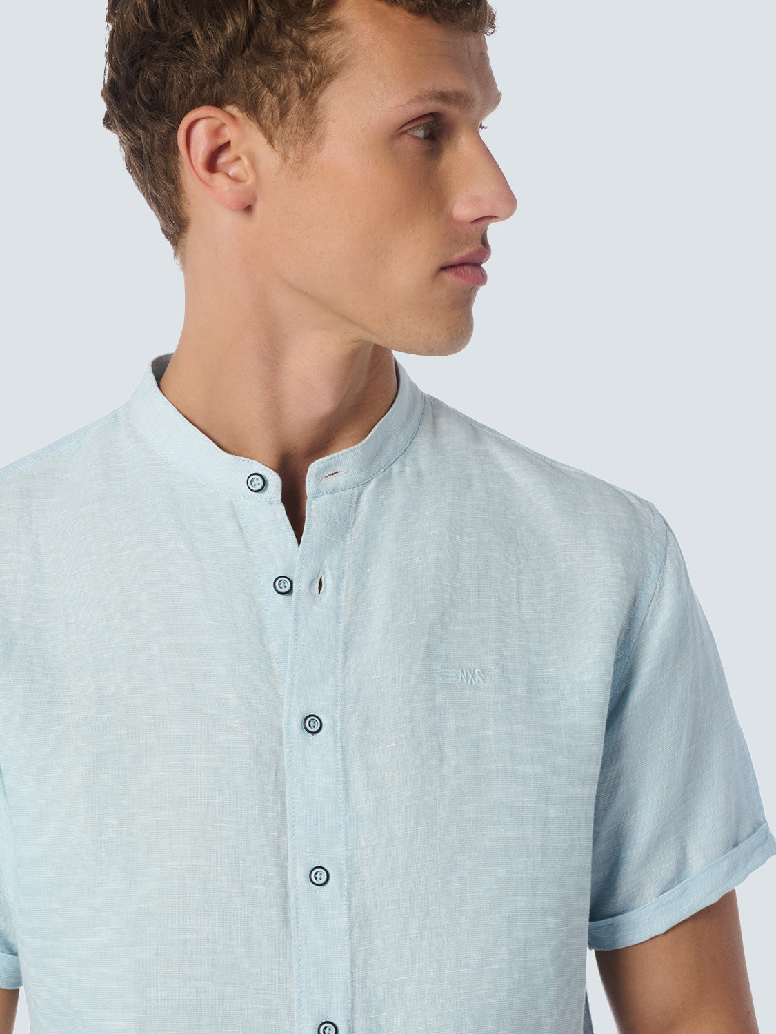 Shirt Short Sleeve Granddad 2 Coloured Melange With Linen | Aqua