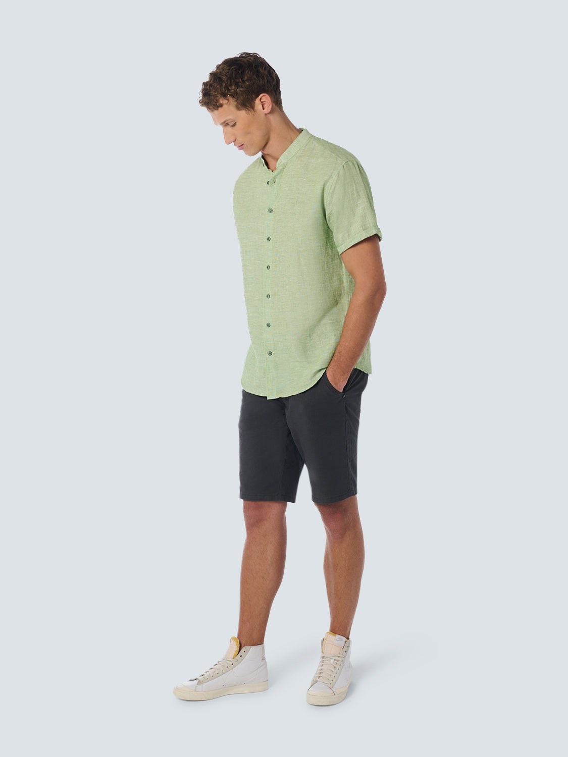 Shirt Short Sleeve Granddad 2 Coloured Melange With Linen | Green