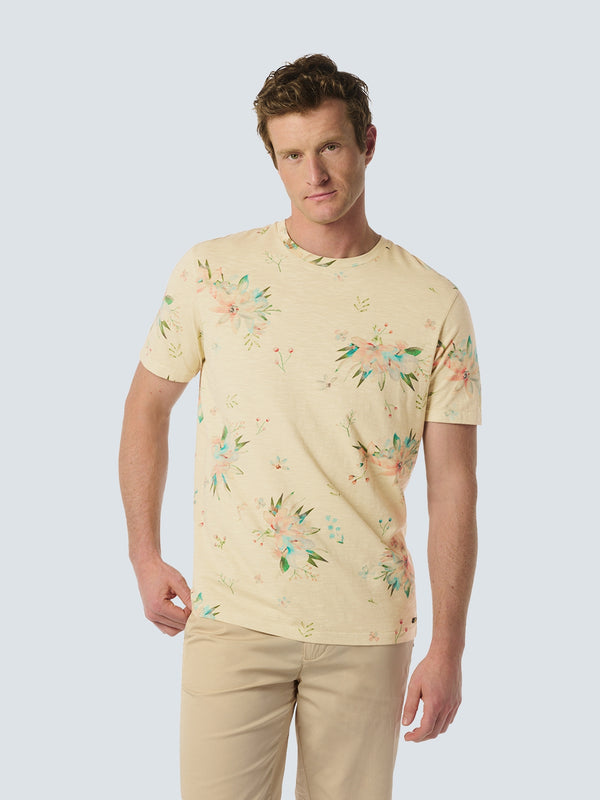 Stylish T-shirt with Round Neck and Botanical Flower Print | Cement