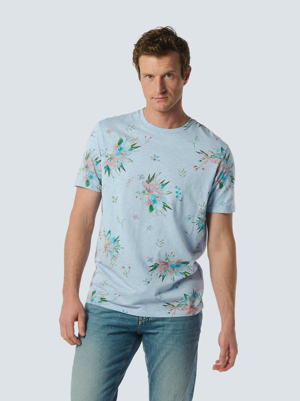 Stylish T-shirt with Round Neck and Botanical Flower Print | Sky