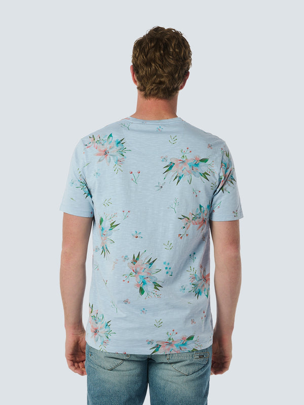 Stylish T-shirt with Round Neck and Botanical Flower Print | Sky