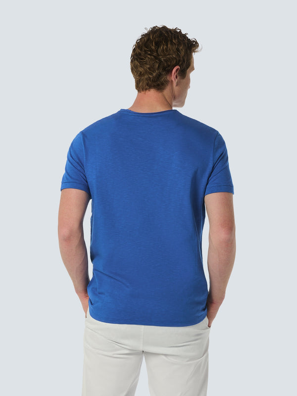 Round Neck T-Shirt with Rolled Sleeve Cuffs and Subtle Logo Print | Cobalt
