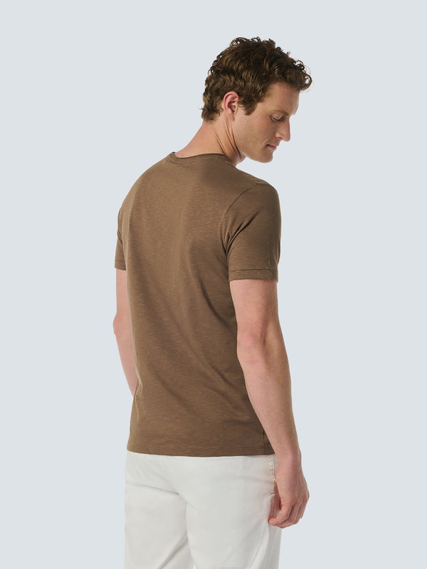 Round Neck T-Shirt with Rolled Sleeve Cuffs and Subtle Logo Print | Brown