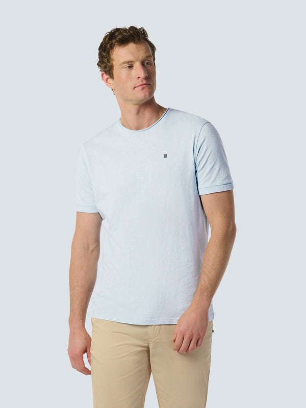 Round Neck T-Shirt with Rolled Sleeve Cuffs and Subtle Logo Print | Sky
