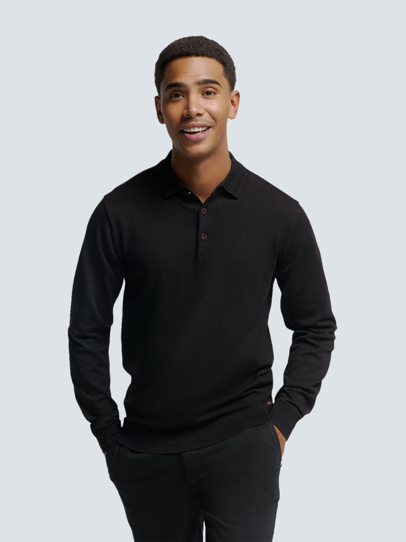 Long Sleeve Polo Pullover with Button Closure: Stylish Comfort | Black