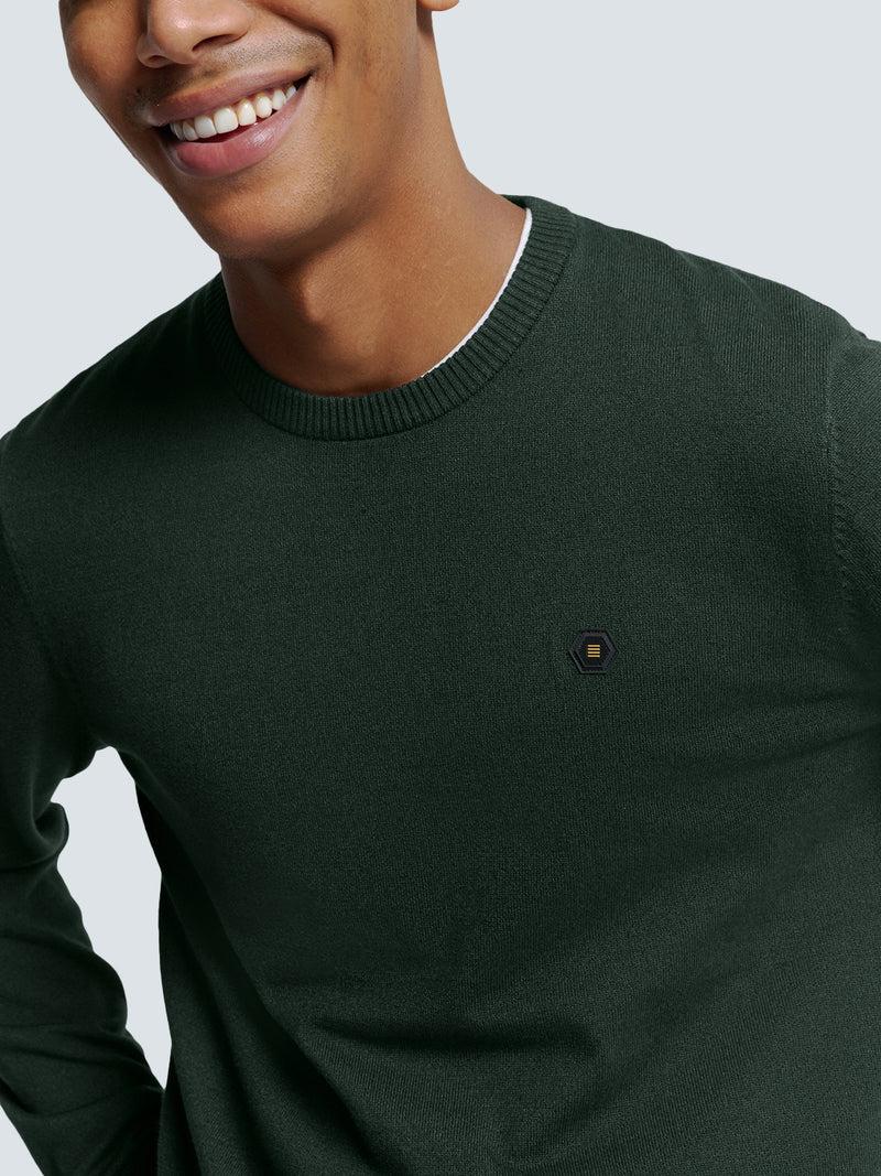 Round Neck Pullover: Two-Tone Melange and Comfortable Fit | Dark Green