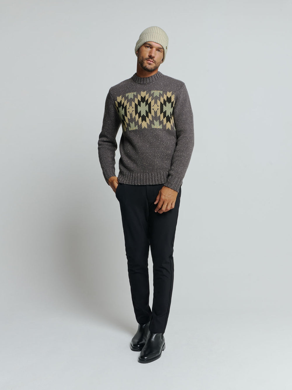 Knit with Ribbed Collar and Jacquard Pattern: Aztec Print