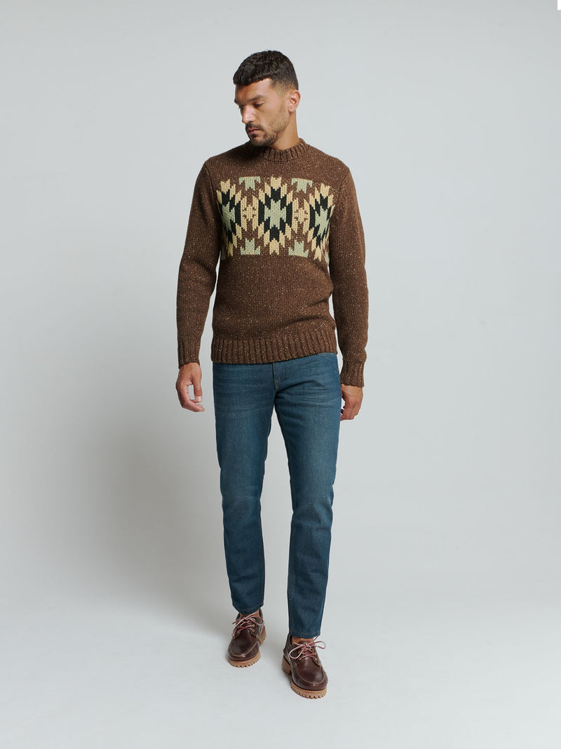 Knit with Ribbed Collar and Jacquard Pattern: Aztec Print and Silk for a Unique Style | Brown