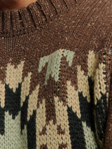 Knit with Ribbed Collar and Jacquard Pattern: Aztec Print and Silk for a Unique Style | Brown