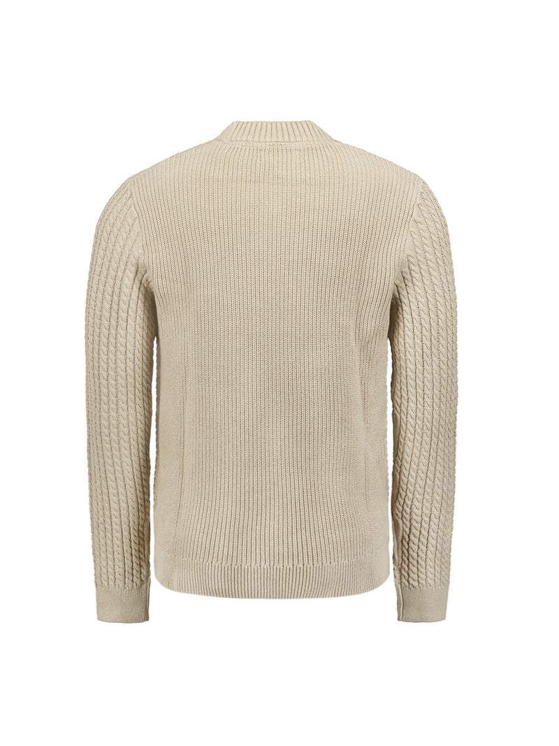 Round Neck Pullover with Cable Jacquard: Luxury and Style for Every Occasion | Cement