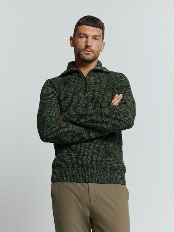 Half-Zip Sweater with High Collar in Three-Tone Ribbed Design: Modern Elegance and Comfort | Dark Green