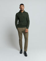 Half-Zip Sweater with High Collar in Three-Tone Ribbed Design: Modern Elegance and Comfort | Dark Green